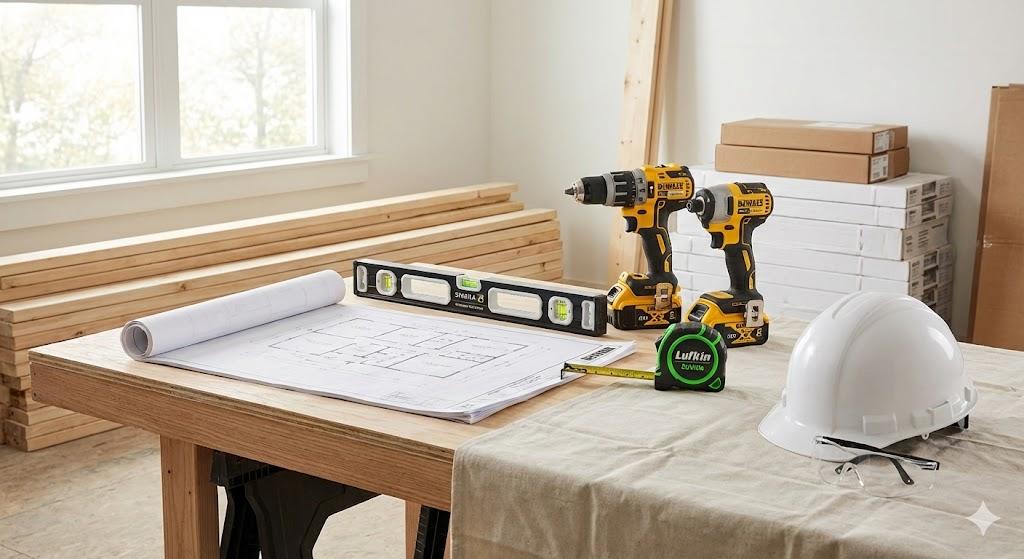 Professional renovation workspace with tools and blueprints - Money Pit Solutions